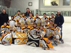 The Fairview Sharp Thunder team after winning gold at the Ridgevalley Pee Wee Tournament at the Ridgevalley arena on Saturday, Nov. 24, 2012. (Simon Arseneau/Fairview Post)