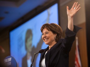 Christy Clark waves to supporters at her acceptance speech at BC Liberal headquarters in Vancouver, British Columbia, Tuesday May 14, 2013, (GEOFF LISTER/24 HOURS)