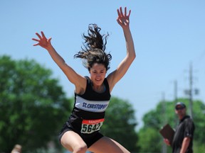 St. Christopher student Danielle Quinn leaped her way to an LSSAA record at St. Pat's Wednsday in the Sr. Girls triple jump. The Grade 12 student also won in the Sr. Girls high jump and qualified in the high jump for SWOSSA.  BLAIR TATE/FOR THE OBSERVER/QMI AGENCY