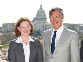 Canadian Ambassador to the U.S. Gary Doer, right, and Alberta Premier Alison Redford are pictured outside of Doer's office in Washington, DC in this April 9, 2013 photo. (Keegan Bursaw/Embassy of Canada)