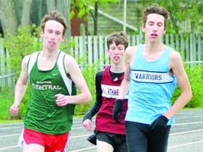 Contributed photo
St. Michael runner Craig Klomp, right, is chased by Cael Wishart of Stratford Central, left, and Mark Schmidt of Stratford Northwestern in the senior boys 1500 metre race at the Huron-Perth high school track and field championships in Goderich Tuesday.