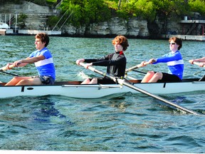 Brockville Rowing Club's junior men's four practices on the St. Lawrence River east of Armagh S. Price Park on Wednesday night. Pictured from left to right are Will Mayotte, Brayden Noyes, Quentin Basiren and Bryce Gordon. Not pictured is coxwain Analee Yerxa. (STEVE PETTIBONE The Recorder and Times)