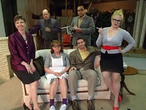 The cast of the Paris Performers' Theatre's production of Self-Help includes (front row from left) Kelly Malone, Catherine Camp-Paynter, Adam Ryckman and Stephanie Pike. At the back are Richard Dallaway and Luis Araujo. The play opens on May 24.