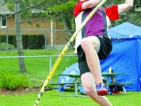 PAUL CLUFF Goderich Signal-Star
Ben Congram of Northwestern competes in the senior boys pole vault at the Huron-Perth high school track and field championships Wednesday in Goderich.