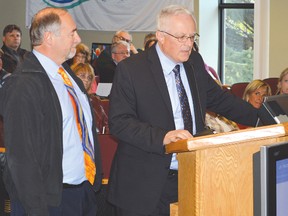 Pierre Vaillancourt - Elliot Lake Foodland franchise owner and Peter Sgarbossa - vice-president of Foodland operations, addressed council at Monday’s meeting.
Photo by KEVIN McSHEFFREY/THE STANDARD