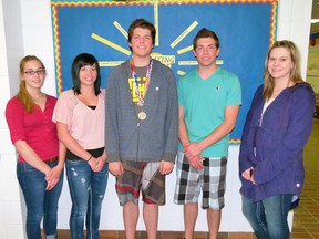 Taylor Ruether, Annika Jacobsson, Coden Laue, Brett Laue and Maggie Clegg - winners at zones, Laue wearing the medal he won at provincials following zones.