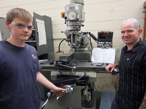 Coletyn Thomson (left) is one of two TVDSB students to receive a $1000 Canadian Manufacturers and Exporters Student Scholarship. Manufacturing teacher Tony D’Angelo (right), says Thomson’s work is well beyond the high school level. Jeff Tribe/Tillsonburg News