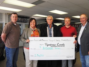 The Ken and Teresa Sargent Family Foundation donated $100,000 to the Philip J. Currie Dinosaur Museum on May 8, sponsoring the Interactive Dig Wall exhibit – a recreation of a real palaeontological excavation site where museum visitors can try their hand at digging out dinosaurs. From left, Scott Sargent, Grande Prairie County Reeve Leanne Beaupre, Ken Sargent, Sean Sargent, Grande Prairie County Deputy Reeve Ross Sutherland. (Supplied)