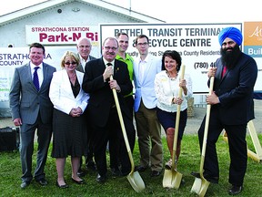 Representatives from Strathcona County, the province and the federal government celebrate the construction of Bethel Transit Terminal on Tuesday, May 14. Once opened in December, the station will feature 1,200 parking stalls and 20 bus bays. Leah Germain/Sherwood Park News/QMI Agency