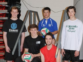 TERRY FARRELL/DAILY HERALD-TRIBUNE
Coach Mike Lauzon announced five Peace Country rcruits for the Grande prairie Regional College Wolves men’s volleyball team. Pictured, from left, is Michael Cepuch, Kirk Testawitch, Dylan Smith, Cole Penson and Blain Cranston.