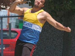 Brantford Collegiate Institute's Eric Yelle prepares to throw in the senior boys shot put Thursday during the Brant County high school track and field meet at Assumption College. (DARRYL G. SMART, The Expositor)