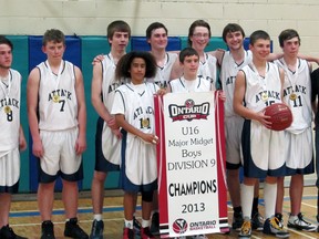 The Oxford Attack major midget under-16 boys basketball team won the Division 9 Ontario Basketball Association championship last weekend in Ottawa. The Attack went 4-1 with a 63-42 win over the Hamilton Wildcats to capture provincial gold.
Back Row (L to R): Coach Mark Rupoli, Ian Wilson, Jake Nykamp, Lucas Van De Cappelle, Brett Trudell, Noah Van Winden, Nick Campbell, Josh Hounsell, Coach Paul Cowan
Front Row (L to R): Christian Buchanan-Fraser, Elijah Whetstone, Chase Prust (Absent: Kevin Holden, Chris Jensen)

Submitted photo