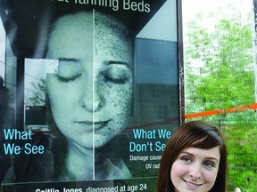Caitlin Jones, a 24-year-old Kingston resident, stands by a poster of herself depicting the dangers of tanning beds. The left side of the photo shows a regular photo of Jones, while right side is a photo taken with a UV camera that reveals the damage caused by UV radiation. The special camera produces an image that reveals skin damage unseen by the eye. Jones is the face of the KFL&A Public Health campaign called “The Hidden Truth About Tanning Beds”, designed to raise awareness about melanoma and other types of skin cancer. The posters are on display in several Kingston Transit bus shelters.    ROB MOOY - KINGSTON THIS WEEK
