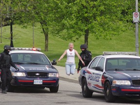 Woodstock Police Service respond to reports of an armed shooter at Fanshawe College Friday morning during a mock training exercise. (HEATHER RIVERS, Sentinel-Review)