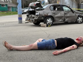 Student council president Shelby Page was "thrown" from the vehicle she and her friends were in during a mock drunk driving collision staged at Portage Collegiate Institute. She was later pronounced "dead" by emergency workers. (CLARISE KLASSEN/PORTAGE DAILY GRAPHIC/QMI AGENCY)