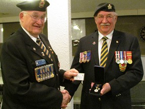 District Commander Ted Latimer of the Royal Canadian Legion presents Ian McDermid of the Royal Canadian Legion Branch #44 with the Meritorious Service Medal (MSM) on Thursday, May 9.
Submitted