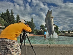 Yoshi Aoki films Ashley Rae in Campbellton, N.B., on the set of Fly Nation TV. Rae appeared in an episode in which she fished for Atlantic salmon. (Victor Cooper/Fly Nation TV)