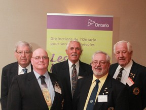 One hundred and twelve area volunteers were honoured for their years of service by the Provincial Government on Wednesday evening at the Days Inn. Five members of the Schumacher Lions Club were honoured for their combined 155 years of volunteerism, a prime example of what makes Timmins the City with a Heart of Gold. Standing in the back row from left, Douglas Tierney, Kenn Lessard and J.N. Donald Reid; front from left, James Nault and Raymond Bussiére.