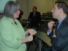 Gayle Broad, NORDICK's director of research,and Sault Ste. Marie MPP David Oraziettti speak before a funding announcement at Algoma University on Friday, May 17, 2013.