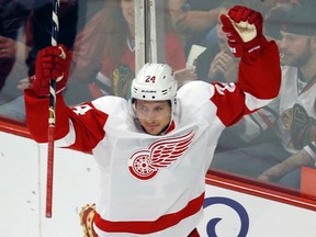 Detroit Red Wings centre Damien Brunner celebrates after scoring against the Chicago Blackhawks during the NHL Western Conference semifinal series in Chicago, May 15, 2013. (REUTERS/Jim Young)