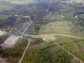 A bird’s eye view from a helicopter shows some of the damage caused by the wildfire that ravaged the area around the Hamlet of Lodgepole last week. The fire was declared under control on May 17 after starting on May 12.