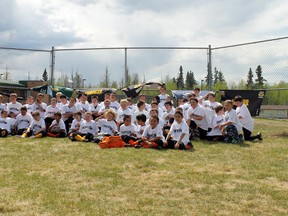 About 50 kids from grades 3-6 gathered in Janvier for the first annual spring football jamboree. Players from Fort McMurray, Anzac and Janvier played in controlled scrimmages situations and all of the players participating were divided into five teams.  TREVOR HOWLETT/TODAY STAFF