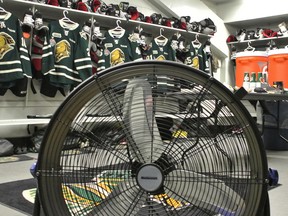 A fan is a feature of the London Knights dressing room at the Memorial Cup in Saskatoon as things have been a tad warm. (Al Charest, QMI Agency)