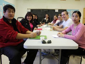 The Northeastern Catholic District School Board and the Timmins Multicultural Centre have been hosting personalized English as a Second Language classes for the past month. They are hoping to attract even more people – both Canadian citizens and newly landed immigrants – to the free sessions. Getting ready to practise their English at the NCDSB building were, from left, Tim Bai, Carmen Pizarro, Nelson Lueiza, Sylvia Ramon, ESL instructor Neveen Nageeb, Karina Loza, Jennifer Martinez, Humberto Lazo, and Hai Zhen.