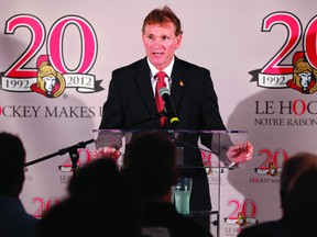 Ottawa Senators President Cyril Leeder talked to the media during the launch of the team's 20th season in August 2012. Leeder and fellow Brockville native Randy Sexton were key figures in the formation of the Senators and will be inducted into the Brockville and Area Sports Hall of Fame next month. (TONY CALDWELL QMI Agency)