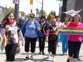 Oxford County participated in the International Day Against Homophobia with a rainbow walk down Dundas Street on Friday afternoon.  (CODI WILSON, Sentinel-Review)