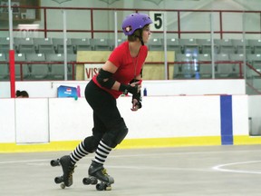 Deadly DeleGATOR (Marion O’Connor) skates around the track at the Kenora Recreation Centre during the first practice for the Kenora Roller Derby League on Thursday, May 16. The roller derby league is looking for more skaters, referees and a head coach.
GRACE PROTOPAPAS/Daily Miner and News