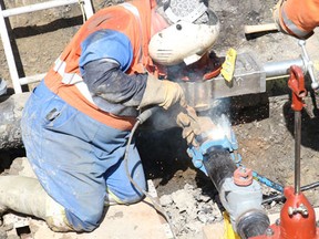 SaskEnergy crews were diverting traffic at the corner of Main Street and Park Ave in Melfort to weld a new valve in place along the natural gas line last week.