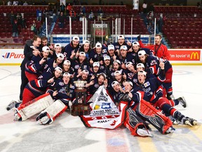 The Brooks Bandits celebrate winning the RBC Cup in Summerside, P.E.I. on Sunday. The Alberta Junior Hockey League champion Bandits defeated the host Summerside Western Capitals 3-1 in the title game of the Canadian Junior A Hockey League championship tournament. Phillip MacCallum/ Courtesy Hockey Canada