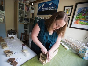 Mountain Made craft and artisan market organizer Lindsay Websdale prepares a batch of handmade soap in her home workshop on Thursday, May 16. Websdale will offer her product alongside a variety of Bow Valley crafters and artisans at a market at Lawrence Grassi Middle School on June 1. Justin Parsons/ Canmore Leader/ QMI Agency