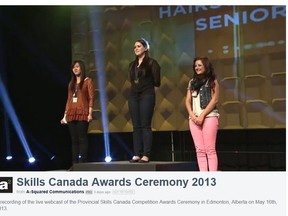 Tristin Voth, bronze medalist in the senior hairstyling category at this year’s Provincial Skills Canada Competition is pictured at right in this video capture from the awards ceremony held on Thursday, May 16, 2013. Supplied by Peace Wapiti School Division