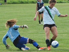 St. John's College's Amanda Dennis gets past the Assumption College keeper but could not connect during the Brant County girls soccer final Tuesday at John Wright Field. (DARRYL G. SMART, The Expositor)