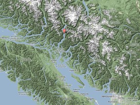 An aerial map shows Bute Inlet, 250k m northwest of Vancouver. One person is dead after a floatplane crashed in the area. Google/QMI Agency