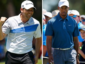 Sergio Garcia. left, and Tiger Woods, right. (REUTERS file photos)