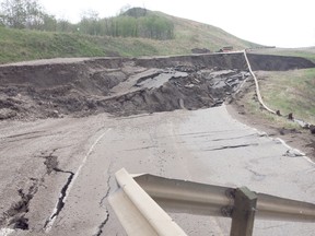 Michaela Hiebert/R-G
Judah Hill Road (Highway 744:04) closed last Friday due to a slide that collapsed the entire road. Alberta Transportation is set to do an assessment this week.