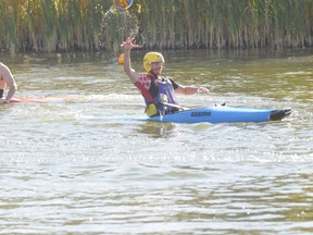 Peace River native Jamen Langlois (pictured) his Muskoseepi Pond, in Grande Prairie, for canoe water polo in late summer 2012. Langlois, a member of the Canada national canoe polo team, recently spoke
to the Record-Gazette about preparing for the World Games in Columbia. Photo: QMI Agency