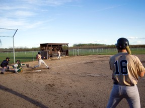 Clear Prairie strikes with a single down the left field sideline in last Wednesday’s 9-1 season opener loss to the Grande Prairie Anchors. Daniele Alcinii/Fairview Post