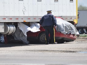 A semi-truck and car collided at the intersection of Highway 1 and 16 Wednesday afternoon. (Kevin Hirschfield/THE GRAPHIC/QMI AGENCY)