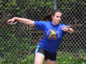 Saugeen Distrtict's Kelly Gribbons won two gold medals at the CWOSSA track and field championships on Thursday including one in the senior girls discus.