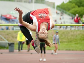 Woodstock Collegiate athlete Alyssa Bickle competes in the women's senior high jump event at the WOSSAA Track and Field Championship at TD Waterhouse Stadium in London on Thursday May 23, 2013.
CRAIG GLOVER The London Free Press / QMI AGENCY