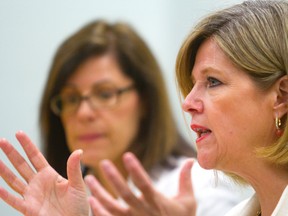 Ontario New Democrat leader Andrea Horwath talks to students at Clarke Road Secondary School in London, Ont Wednesday May 22, 2013 and answers questions about the Ontario budget they have pledged to support. With Horwath is London-Fanshawe NDP MPP Teresa Armstrong.
(MIKE HENSEN/The London Free Press/QMI AGENCY)