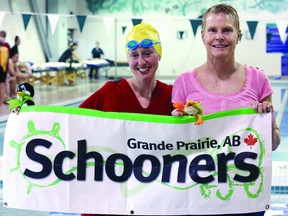 Submitted
Grande Prairie Schooners Kristjanna Grimmelt (left) Mary Helen Hopkins both had great performances as last week’s National Masters Swimming Canada championships.