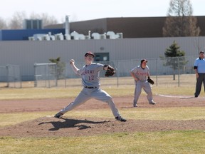 Fort McMurray Midget Oil Giants Daniel Morris is shown here pitching against the Calgary Dinos last time the Oil Giants were at home. The OGs host Edmonton 2 for three games this weekend at Ron Morgan Park.   TREVOR HOWLETT/TODAY STAFF
