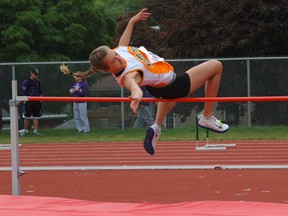 North Park’s Gabrielle Marton leaps over the bar en route to the junior girls high jump title during the Central Western Ontario Secondary School Association track and field championships at Jacob Hespeler Secondary School in Cambridge Thursday. (DARRYL G. SMART, The Expositor)
