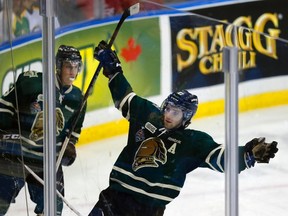 London Knights' Seth Griffith (R) celebrates his goal with teammate Bo Horvat in their game against the Saskatoon Blades during the second period of the Memorial Cup Canadian Junior Hockey Championships in Saskatoon, Saskatchewan, May 23, 2013. REUTERS/Todd Korol  (CANADA - Tags: SPORT ICE HOCKEY)