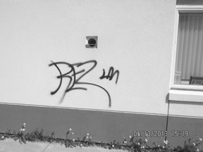 Graffiti was left on the Devon Registries building, as well as River of Hope Church and Dale Fisher Arena over May 10-13.